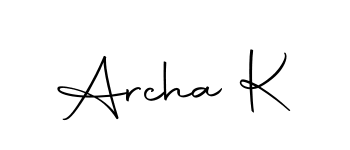 How to make Archa K name signature. Use Autography-DOLnW style for creating short signs online. This is the latest handwritten sign. Archa K signature style 10 images and pictures png