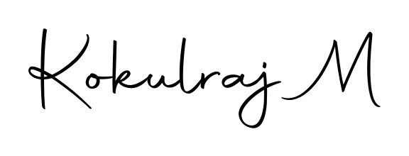 The Autography-DOLnW handwriting style adds charm and authenticity to name Kokulraj M. A wonderful choice for personal thank-you notes. Kokulraj M signature style 10 images and pictures png