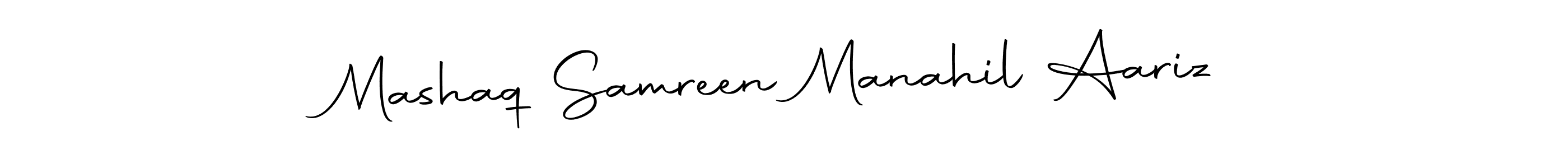 The best way (Autography-DOLnW) to make a short signature is to pick only two or three words in your name. The name Mashaq Samreen Manahil Aariz include a total of six letters. For converting this name. Mashaq Samreen Manahil Aariz signature style 10 images and pictures png
