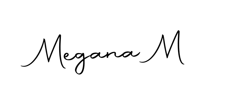 How to make Megana M name signature. Use Autography-DOLnW style for creating short signs online. This is the latest handwritten sign. Megana M signature style 10 images and pictures png