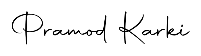 A sleek calligraphic signature for name Pramod Karki utilizing Autography-DOLnW styling. Great for adding personal signatures to photos and art. Pramod Karki signature style 10 images and pictures png