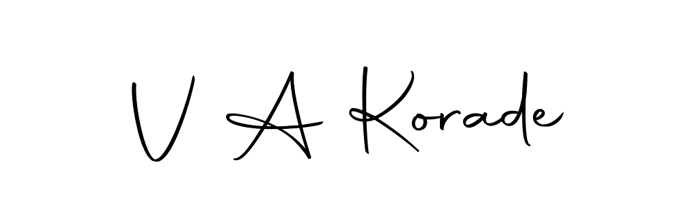 How to make V A Korade name signature. Use Autography-DOLnW style for creating short signs online. This is the latest handwritten sign. V A Korade signature style 10 images and pictures png