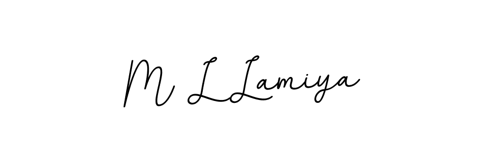How to make M L Lamiya name signature. Use BallpointsItalic-DORy9 style for creating short signs online. This is the latest handwritten sign. M L Lamiya signature style 11 images and pictures png