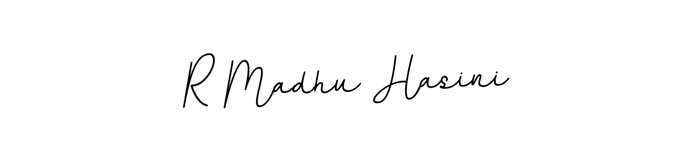 How to make R Madhu Hasini name signature. Use BallpointsItalic-DORy9 style for creating short signs online. This is the latest handwritten sign. R Madhu Hasini signature style 11 images and pictures png