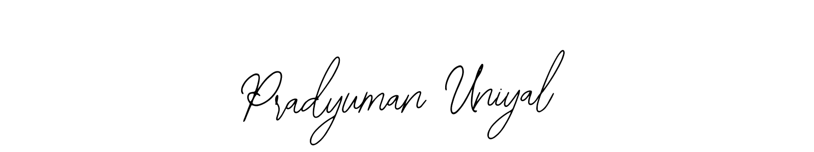 Bearetta-2O07w is a professional signature style that is perfect for those who want to add a touch of class to their signature. It is also a great choice for those who want to make their signature more unique. Get Pradyuman Uniyal name to fancy signature for free. Pradyuman Uniyal signature style 12 images and pictures png
