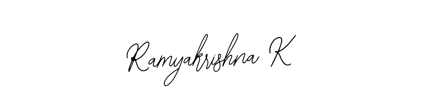 You should practise on your own different ways (Bearetta-2O07w) to write your name (Ramyakrishna K) in signature. don't let someone else do it for you. Ramyakrishna K signature style 12 images and pictures png