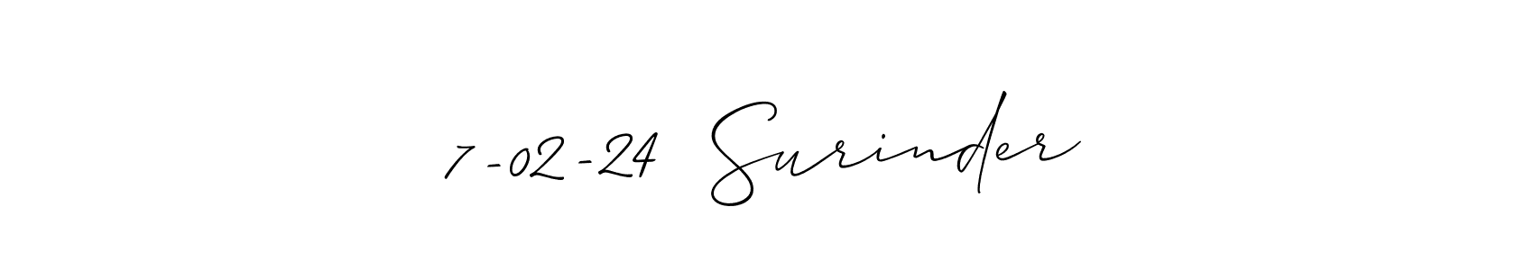 It looks lik you need a new signature style for name 7-02-24  Surinder. Design unique handwritten (Allison_Script) signature with our free signature maker in just a few clicks. 7-02-24  Surinder signature style 2 images and pictures png