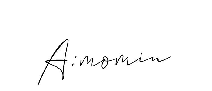 How to make A:momin name signature. Use Allison_Script style for creating short signs online. This is the latest handwritten sign. A:momin signature style 2 images and pictures png