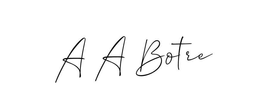 The best way (Allison_Script) to make a short signature is to pick only two or three words in your name. The name A A Botre include a total of six letters. For converting this name. A A Botre signature style 2 images and pictures png