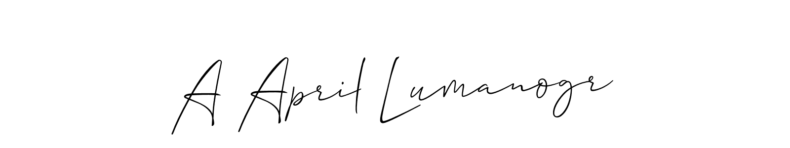 The best way (Allison_Script) to make a short signature is to pick only two or three words in your name. The name A April Lumanogr include a total of six letters. For converting this name. A April Lumanogr signature style 2 images and pictures png