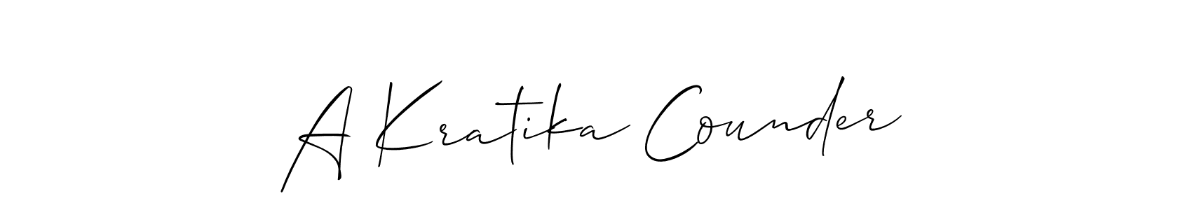 This is the best signature style for the A Kratika Counder name. Also you like these signature font (Allison_Script). Mix name signature. A Kratika Counder signature style 2 images and pictures png