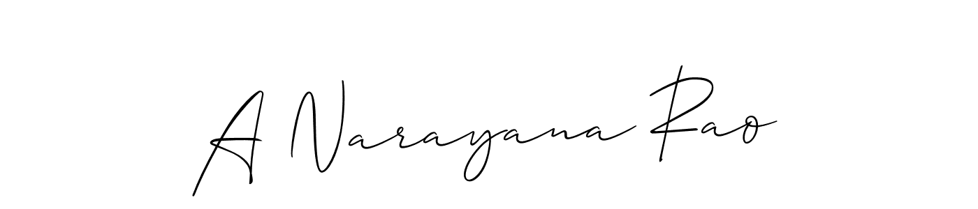 The best way (Allison_Script) to make a short signature is to pick only two or three words in your name. The name A Narayana Rao include a total of six letters. For converting this name. A Narayana Rao signature style 2 images and pictures png