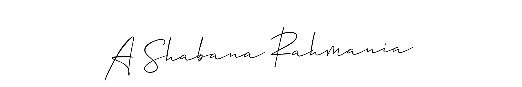 The best way (Allison_Script) to make a short signature is to pick only two or three words in your name. The name A Shabana Rahmania include a total of six letters. For converting this name. A Shabana Rahmania signature style 2 images and pictures png