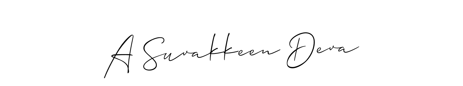 The best way (Allison_Script) to make a short signature is to pick only two or three words in your name. The name A Suvakkeen Deva include a total of six letters. For converting this name. A Suvakkeen Deva signature style 2 images and pictures png