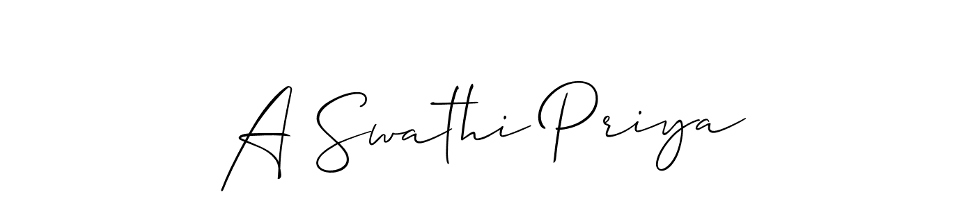 The best way (Allison_Script) to make a short signature is to pick only two or three words in your name. The name A Swathi Priya include a total of six letters. For converting this name. A Swathi Priya signature style 2 images and pictures png
