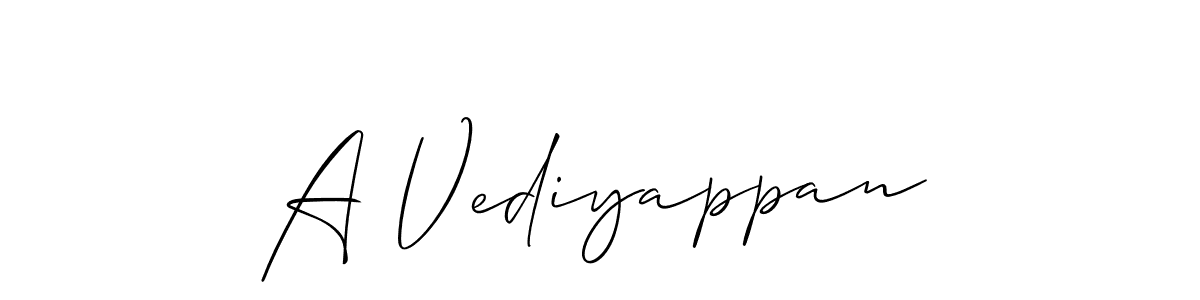 The best way (Allison_Script) to make a short signature is to pick only two or three words in your name. The name A Vediyappan include a total of six letters. For converting this name. A Vediyappan signature style 2 images and pictures png