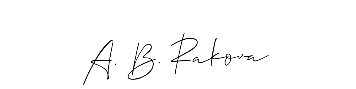 The best way (Allison_Script) to make a short signature is to pick only two or three words in your name. The name A. B. Rakova include a total of six letters. For converting this name. A. B. Rakova signature style 2 images and pictures png