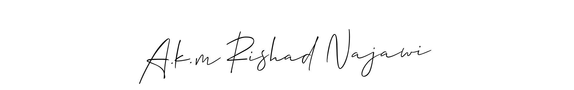 The best way (Allison_Script) to make a short signature is to pick only two or three words in your name. The name A.k.m Rishad Najawi include a total of six letters. For converting this name. A.k.m Rishad Najawi signature style 2 images and pictures png