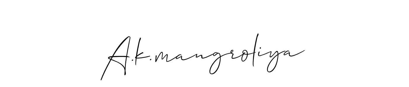 The best way (Allison_Script) to make a short signature is to pick only two or three words in your name. The name A.k.mangroliya include a total of six letters. For converting this name. A.k.mangroliya signature style 2 images and pictures png