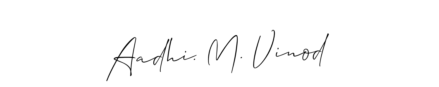The best way (Allison_Script) to make a short signature is to pick only two or three words in your name. The name Aadhi. M. Vinod include a total of six letters. For converting this name. Aadhi. M. Vinod signature style 2 images and pictures png