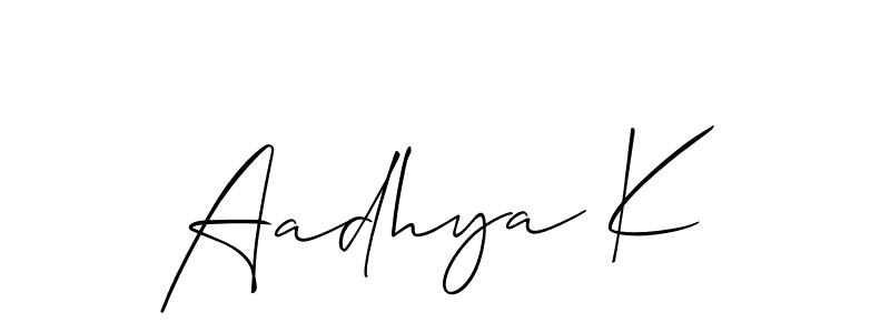 Use a signature maker to create a handwritten signature online. With this signature software, you can design (Allison_Script) your own signature for name Aadhya K. Aadhya K signature style 2 images and pictures png