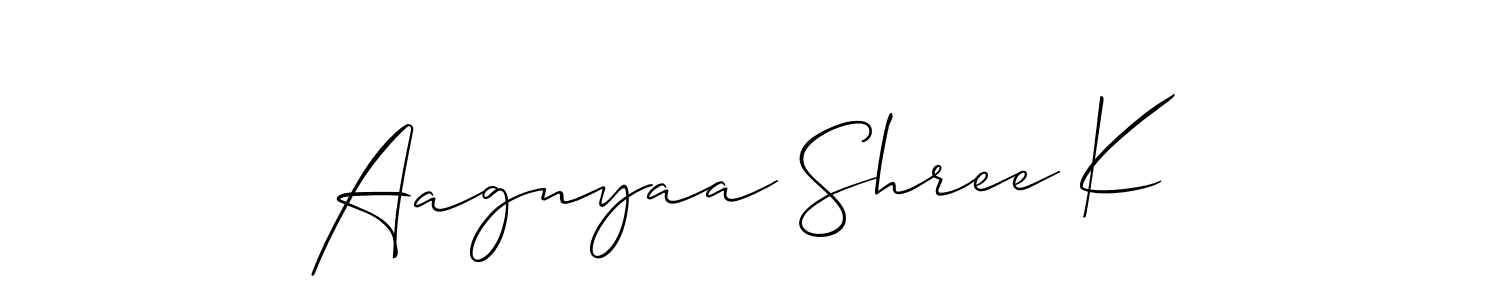 Create a beautiful signature design for name Aagnyaa Shree K. With this signature (Allison_Script) fonts, you can make a handwritten signature for free. Aagnyaa Shree K signature style 2 images and pictures png