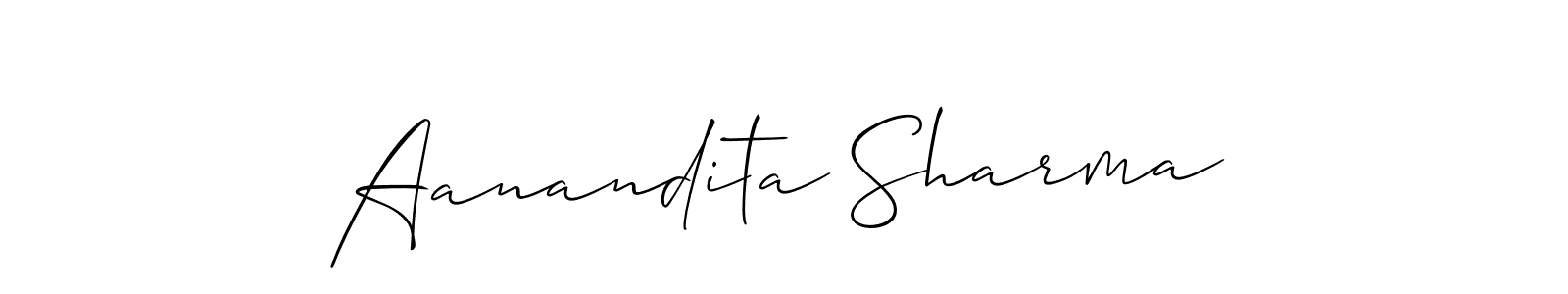 The best way (Allison_Script) to make a short signature is to pick only two or three words in your name. The name Aanandita Sharma include a total of six letters. For converting this name. Aanandita Sharma signature style 2 images and pictures png