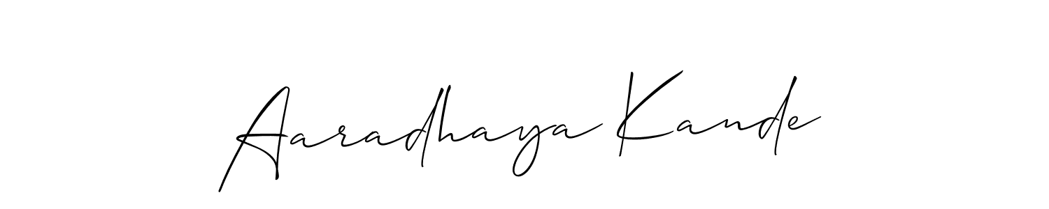 The best way (Allison_Script) to make a short signature is to pick only two or three words in your name. The name Aaradhaya Kande include a total of six letters. For converting this name. Aaradhaya Kande signature style 2 images and pictures png