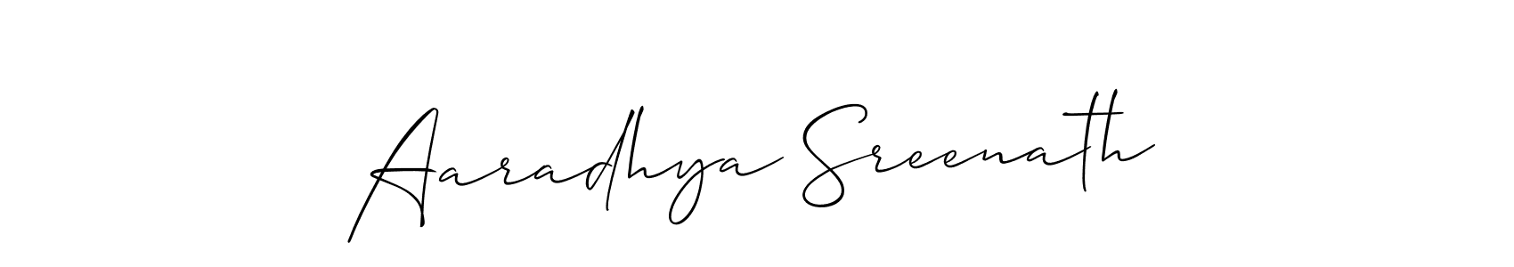 The best way (Allison_Script) to make a short signature is to pick only two or three words in your name. The name Aaradhya Sreenath include a total of six letters. For converting this name. Aaradhya Sreenath signature style 2 images and pictures png