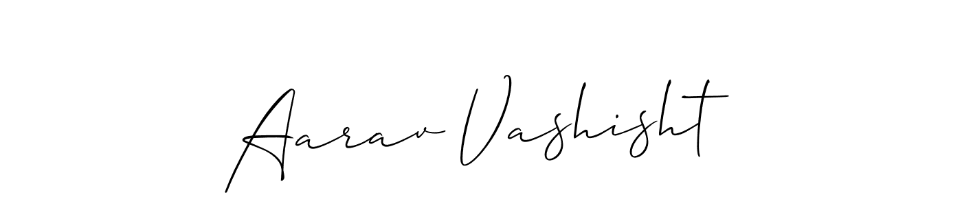 The best way (Allison_Script) to make a short signature is to pick only two or three words in your name. The name Aarav Vashisht include a total of six letters. For converting this name. Aarav Vashisht signature style 2 images and pictures png