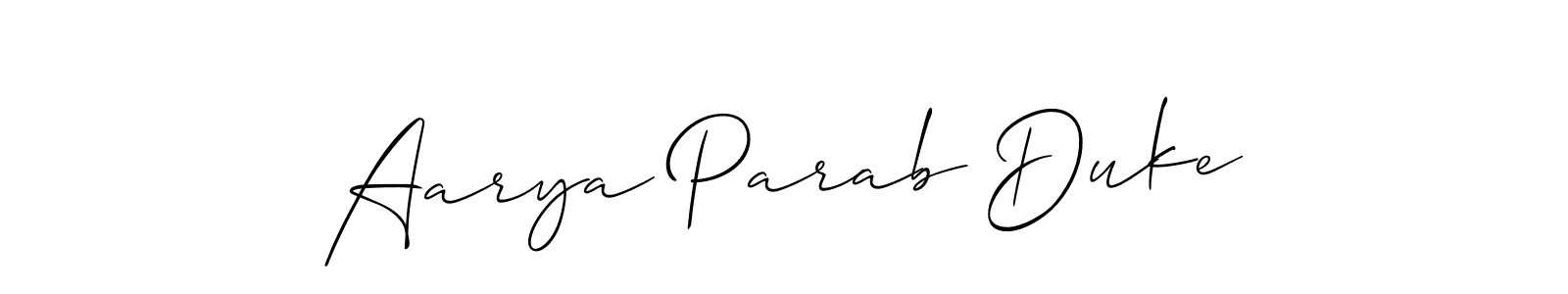 Create a beautiful signature design for name Aarya Parab Duke. With this signature (Allison_Script) fonts, you can make a handwritten signature for free. Aarya Parab Duke signature style 2 images and pictures png