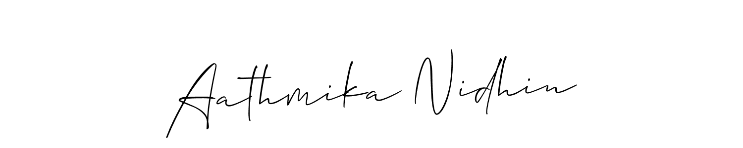 Make a short Aathmika Nidhin signature style. Manage your documents anywhere anytime using Allison_Script. Create and add eSignatures, submit forms, share and send files easily. Aathmika Nidhin signature style 2 images and pictures png