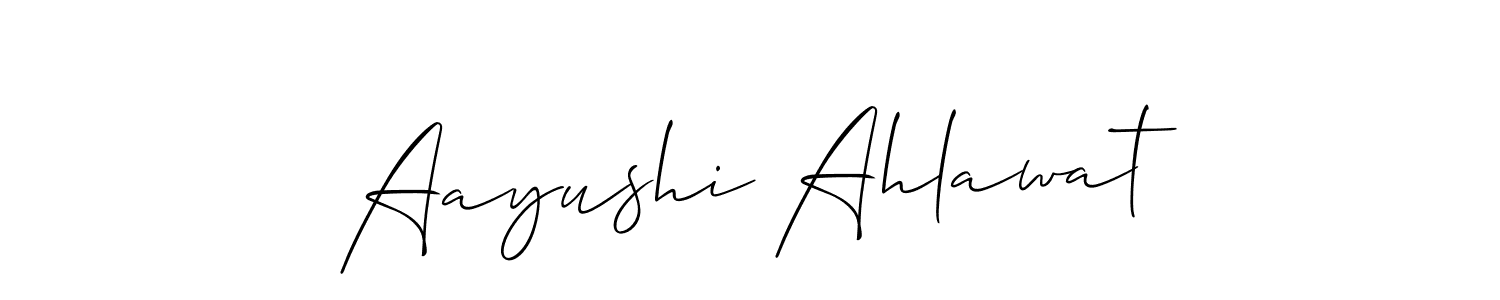 The best way (Allison_Script) to make a short signature is to pick only two or three words in your name. The name Aayushi Ahlawat include a total of six letters. For converting this name. Aayushi Ahlawat signature style 2 images and pictures png