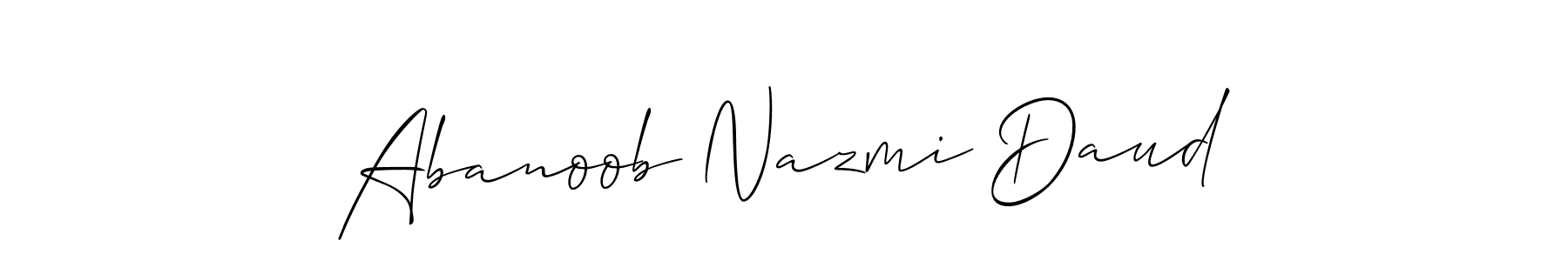 The best way (Allison_Script) to make a short signature is to pick only two or three words in your name. The name Abanoob Nazmi Daud include a total of six letters. For converting this name. Abanoob Nazmi Daud signature style 2 images and pictures png