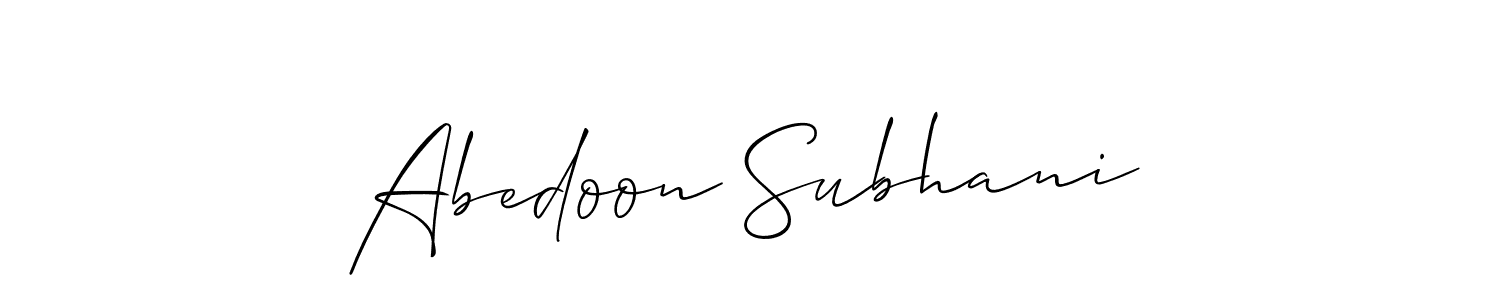 Make a short Abedoon Subhani signature style. Manage your documents anywhere anytime using Allison_Script. Create and add eSignatures, submit forms, share and send files easily. Abedoon Subhani signature style 2 images and pictures png