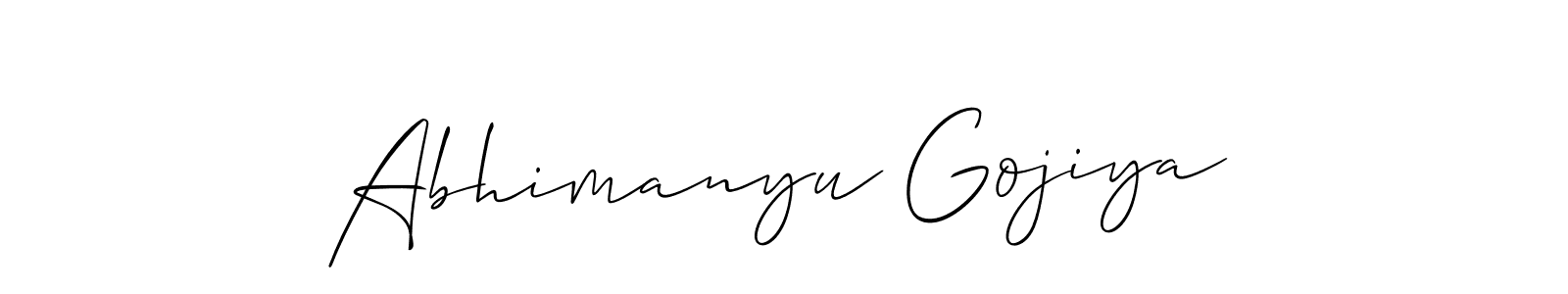 The best way (Allison_Script) to make a short signature is to pick only two or three words in your name. The name Abhimanyu Gojiya include a total of six letters. For converting this name. Abhimanyu Gojiya signature style 2 images and pictures png