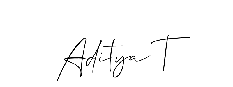 The best way (Allison_Script) to make a short signature is to pick only two or three words in your name. The name Aditya T include a total of six letters. For converting this name. Aditya T signature style 2 images and pictures png