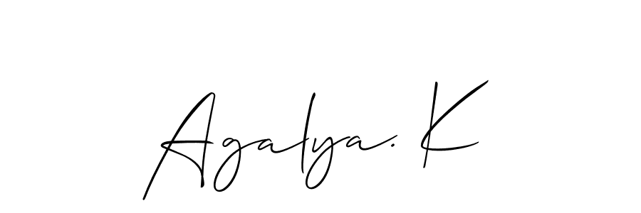 Also You can easily find your signature by using the search form. We will create Agalya. K name handwritten signature images for you free of cost using Allison_Script sign style. Agalya. K signature style 2 images and pictures png