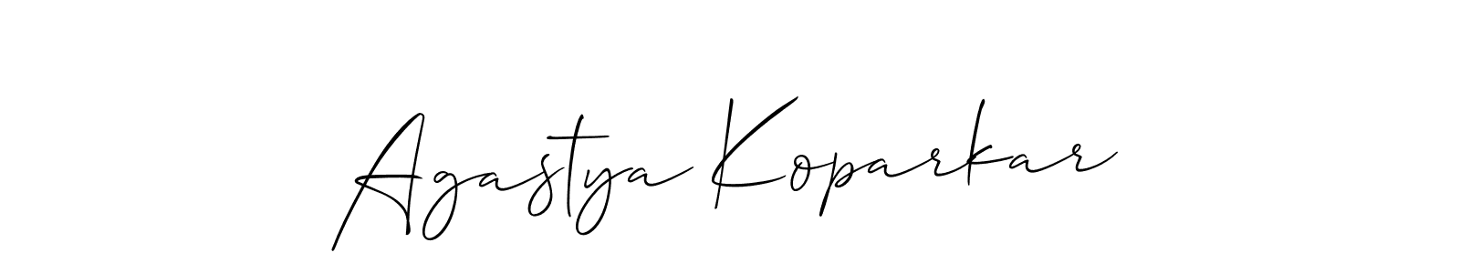 Allison_Script is a professional signature style that is perfect for those who want to add a touch of class to their signature. It is also a great choice for those who want to make their signature more unique. Get Agastya Koparkar name to fancy signature for free. Agastya Koparkar signature style 2 images and pictures png