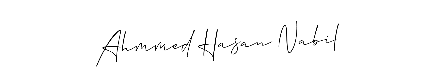 Allison_Script is a professional signature style that is perfect for those who want to add a touch of class to their signature. It is also a great choice for those who want to make their signature more unique. Get Ahmmed Hasan Nabil name to fancy signature for free. Ahmmed Hasan Nabil signature style 2 images and pictures png