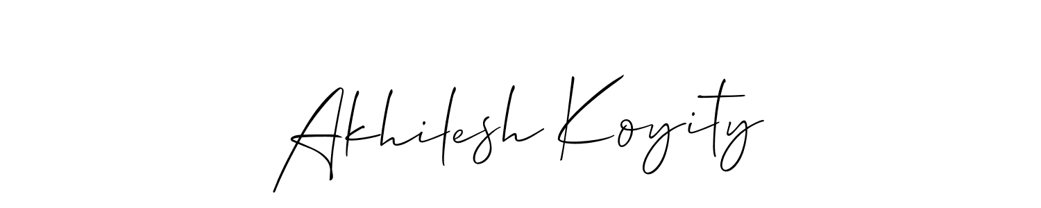The best way (Allison_Script) to make a short signature is to pick only two or three words in your name. The name Akhilesh Koyity include a total of six letters. For converting this name. Akhilesh Koyity signature style 2 images and pictures png