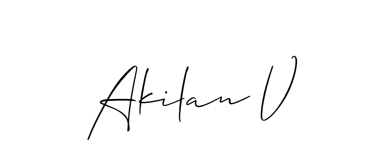 Use a signature maker to create a handwritten signature online. With this signature software, you can design (Allison_Script) your own signature for name Akilan V. Akilan V signature style 2 images and pictures png