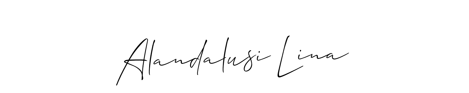 The best way (Allison_Script) to make a short signature is to pick only two or three words in your name. The name Alandalusi Lina include a total of six letters. For converting this name. Alandalusi Lina signature style 2 images and pictures png