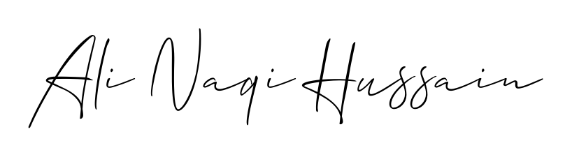 A sleek calligraphic signature for name Ali Naqi Hussain utilizing Allison_Script styling. Great for adding personal signatures to photos and art. Ali Naqi Hussain signature style 2 images and pictures png