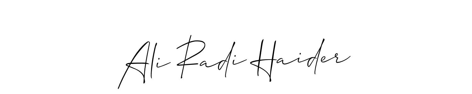 The best way (Allison_Script) to make a short signature is to pick only two or three words in your name. The name Ali Radi Haider include a total of six letters. For converting this name. Ali Radi Haider signature style 2 images and pictures png