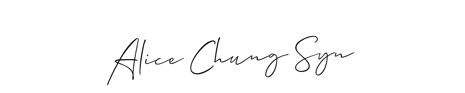 The best way (Allison_Script) to make a short signature is to pick only two or three words in your name. The name Alice Chung Syn include a total of six letters. For converting this name. Alice Chung Syn signature style 2 images and pictures png