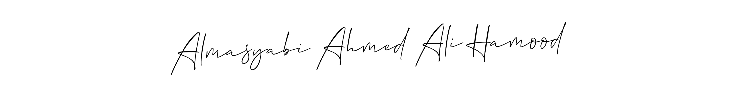 The best way (Allison_Script) to make a short signature is to pick only two or three words in your name. The name Almasyabi Ahmed Ali Hamood include a total of six letters. For converting this name. Almasyabi Ahmed Ali Hamood signature style 2 images and pictures png