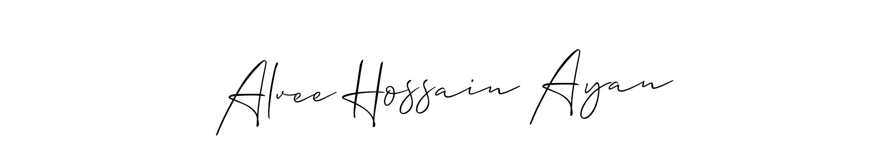 The best way (Allison_Script) to make a short signature is to pick only two or three words in your name. The name Alvee Hossain Ayan include a total of six letters. For converting this name. Alvee Hossain Ayan signature style 2 images and pictures png