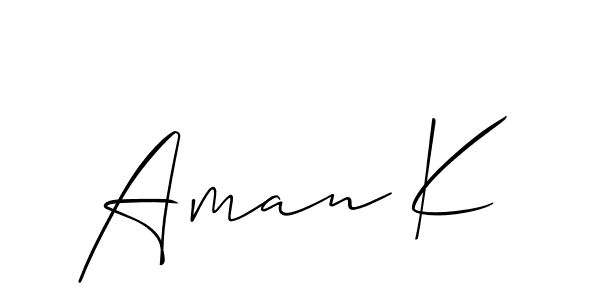 The best way (Allison_Script) to make a short signature is to pick only two or three words in your name. The name Aman K include a total of six letters. For converting this name. Aman K signature style 2 images and pictures png