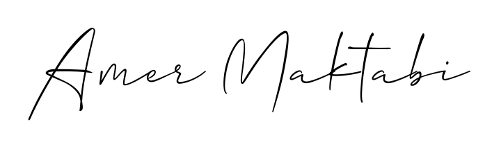 The Allison_Script handwriting style adds charm and authenticity to name Amer Maktabi. A wonderful choice for personal thank-you notes. Amer Maktabi signature style 2 images and pictures png